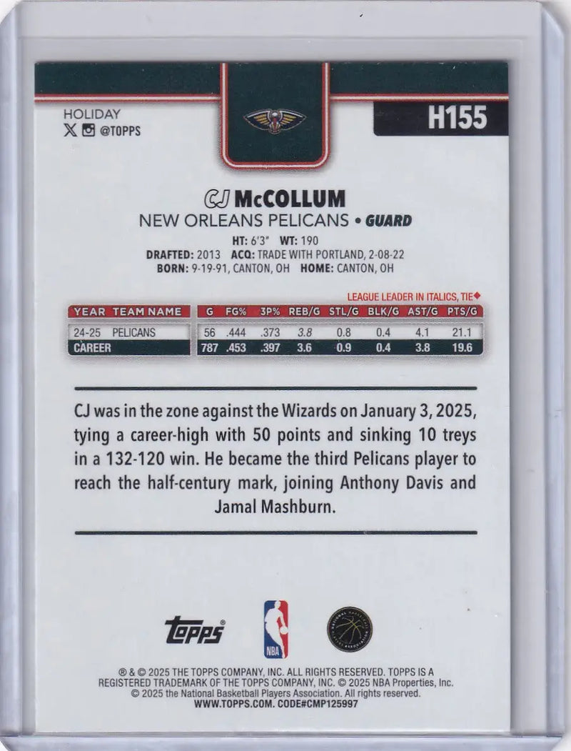 2025-26 Topps Basketball Plaid #H155 CJ McCollum - New Orleans Pelicans - Basketball Card Single