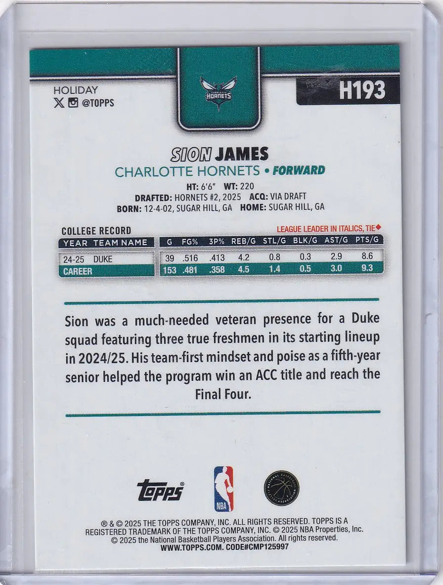 2025-26 Topps Basketball Plaid #H193 Sion James - Charlotte Hornets - Basketball Card Single