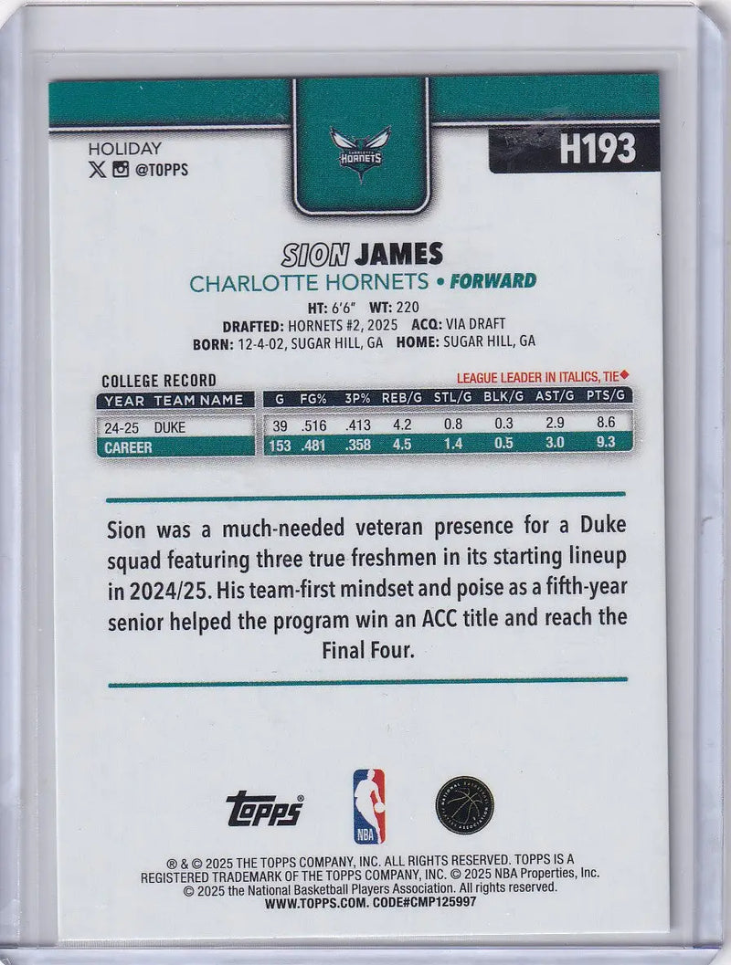 2025-26 Topps Basketball Plaid #H193 Sion James - Charlotte Hornets - Basketball Card Single