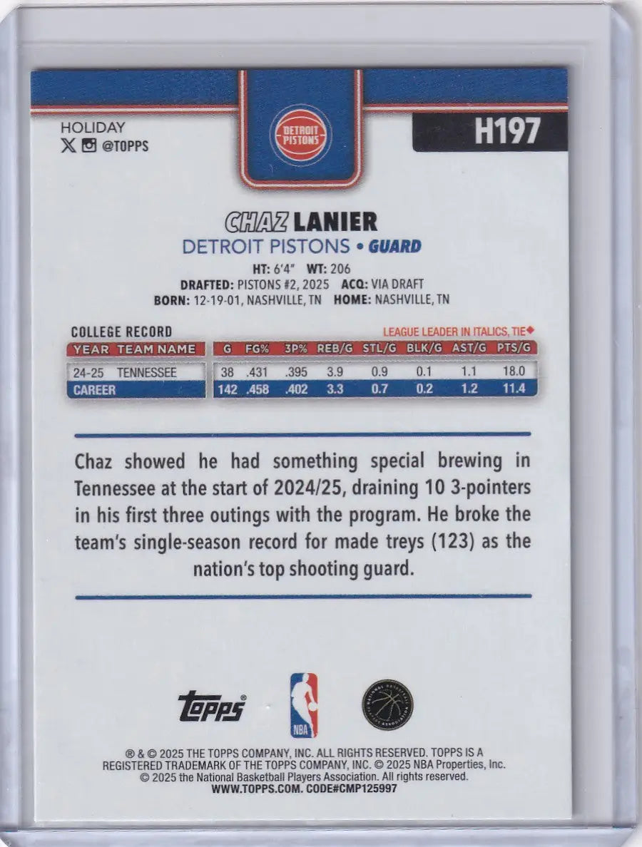 2025-26 Topps Basketball Plaid #H197 Chaz Lanier - Detroit Pistons - Basketball Card Single