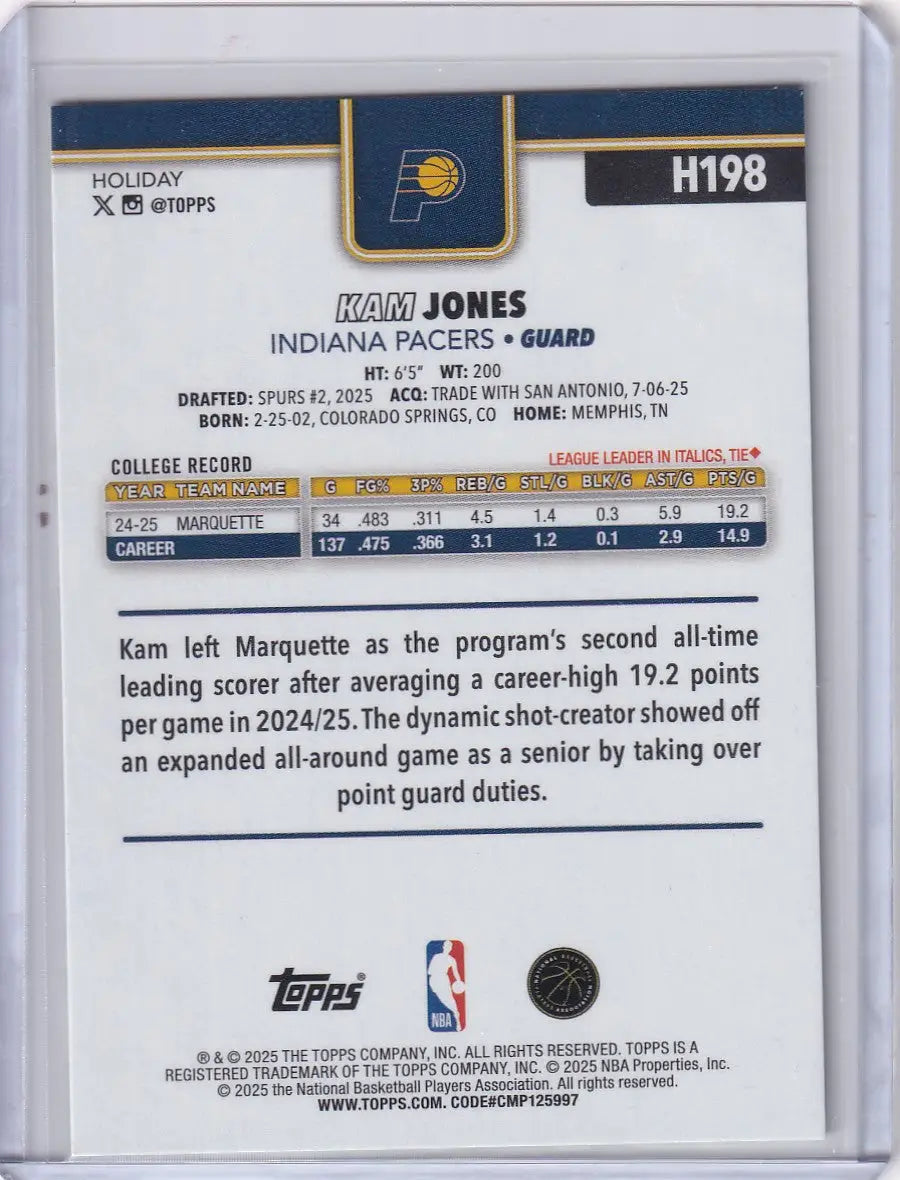 2025-26 Topps Basketball Plaid #H198 Kam Jones - Indiana Pacers - Basketball Card Single
