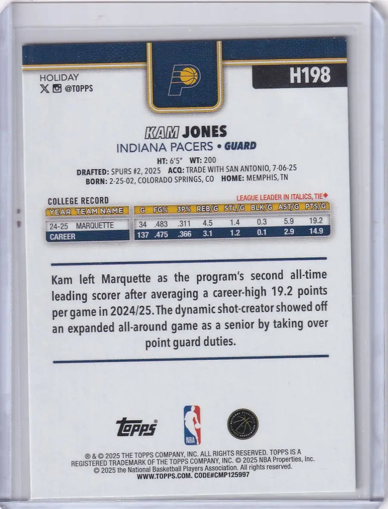 2025-26 Topps Basketball Plaid #H198 Kam Jones - Indiana Pacers - Basketball Card Single