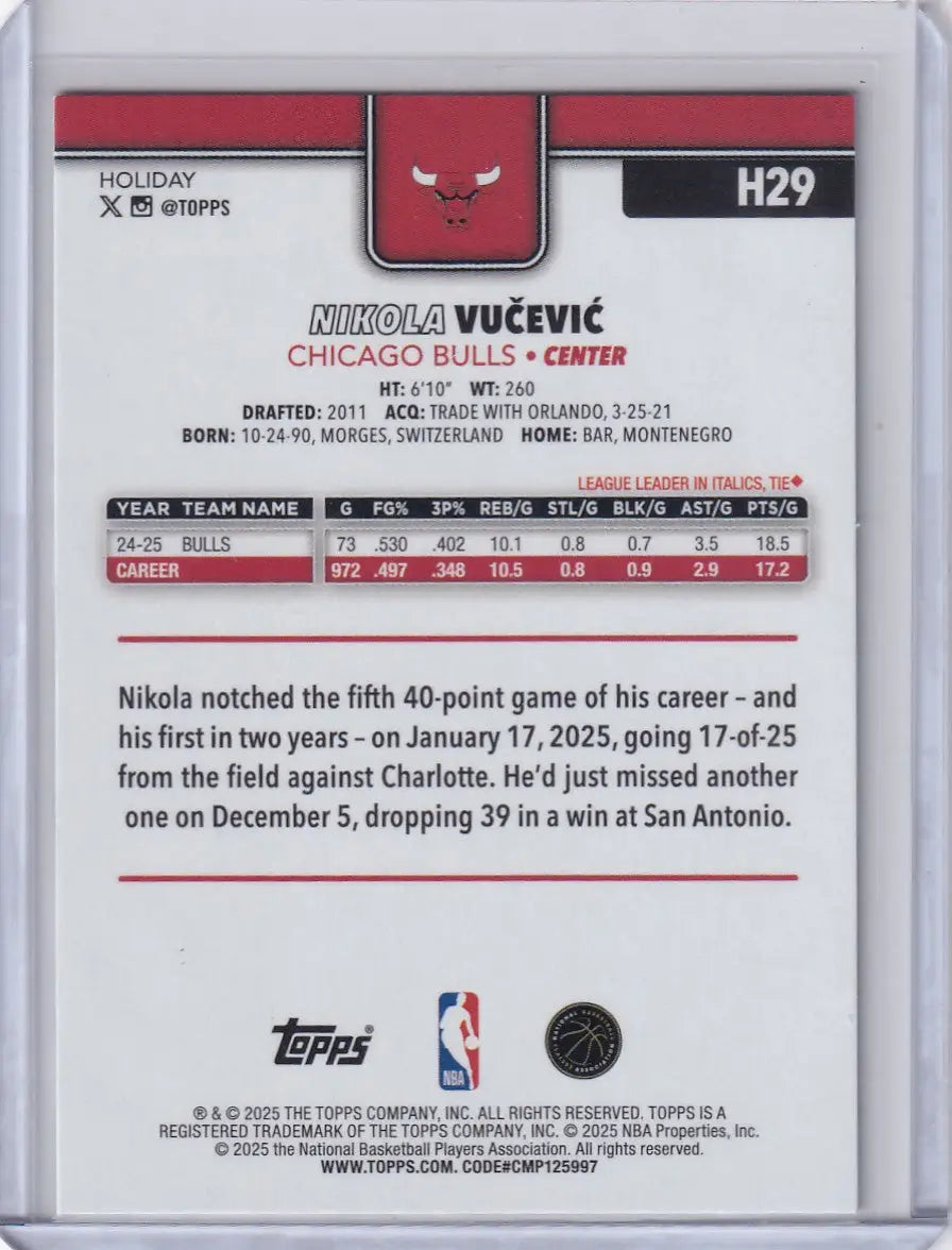 2025-26 Topps Basketball Plaid #H29 Nikola Vucevic - Chicago Bulls - Basketball Card Single