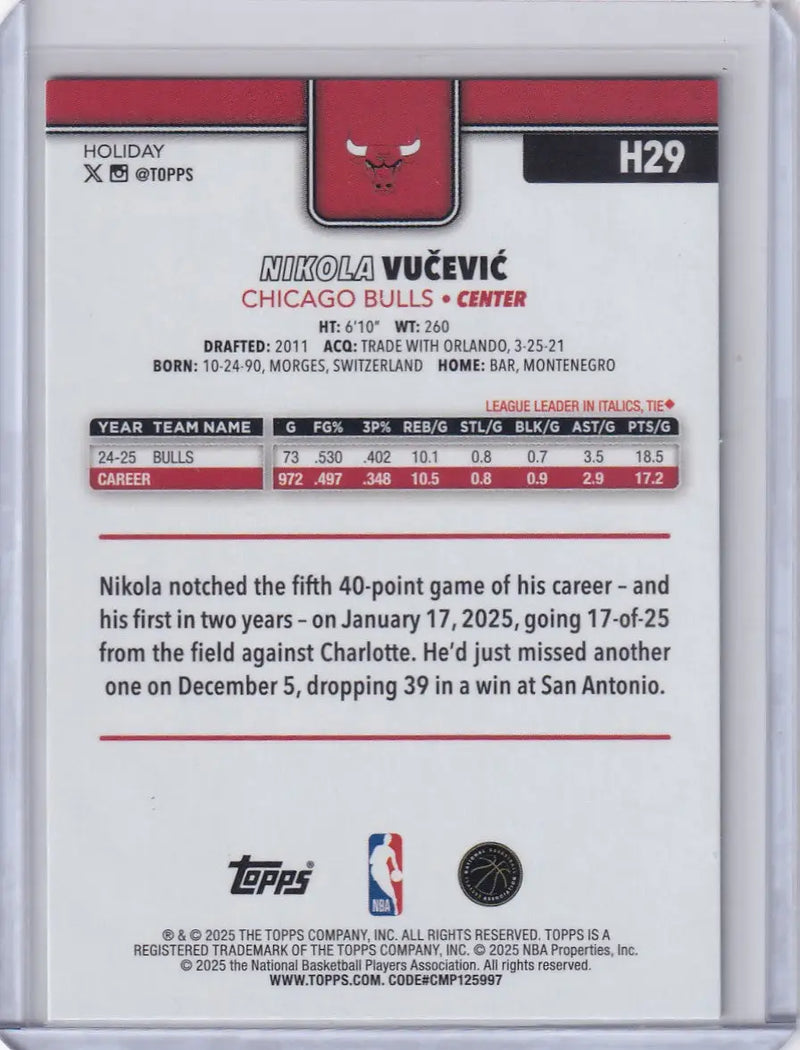 2025-26 Topps Basketball Plaid #H29 Nikola Vucevic - Chicago Bulls - Basketball Card Single