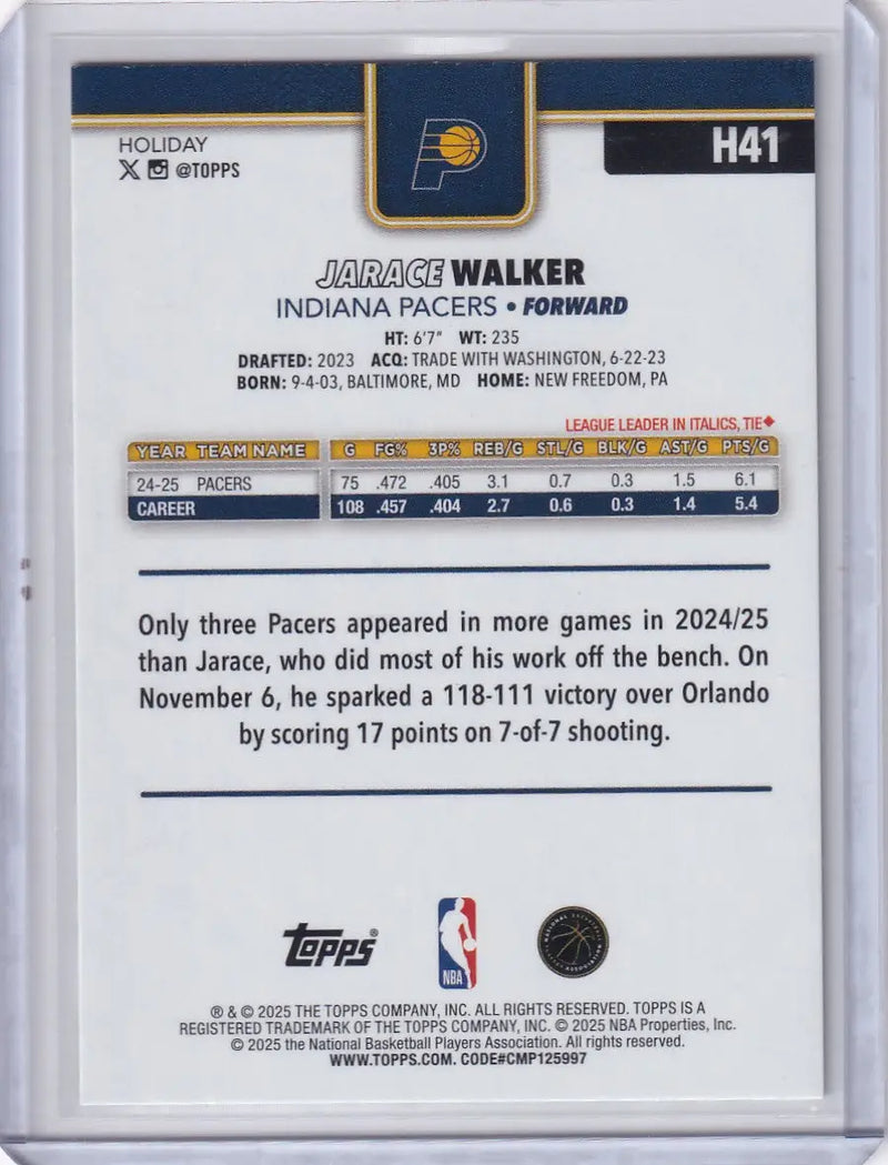 2025-26 Topps Basketball Plaid #H41 Jarace Walker - Indiana Pacers - Basketball Card Single