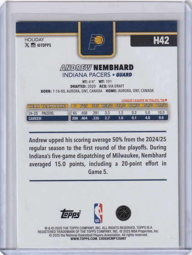 2025-26 Topps Basketball Plaid #H42 Andrew Nembhard - Indiana Pacers - Basketball Card Single