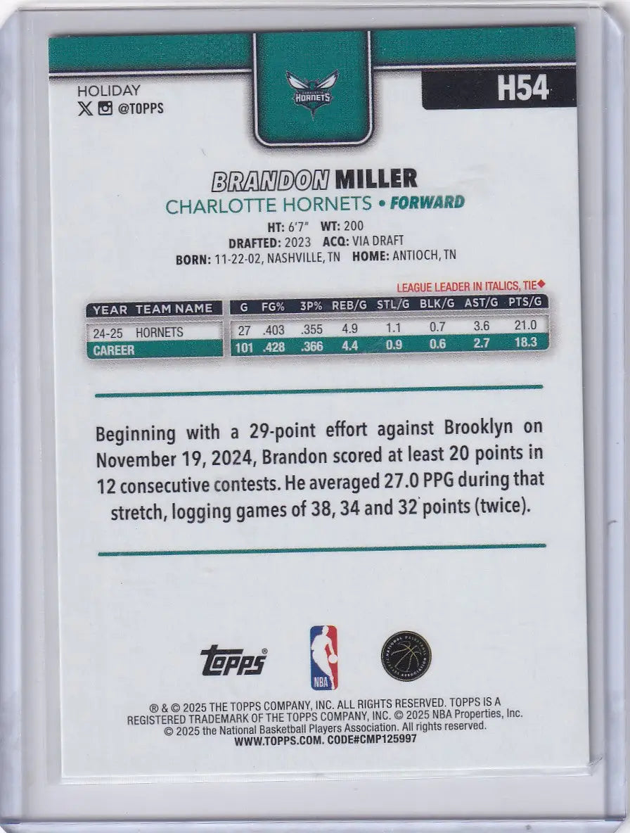 2025-26 Topps Basketball Plaid #H54 Brandon Miller - Charlotte Hornets - Basketball Card Single