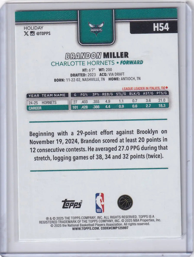 2025-26 Topps Basketball Plaid #H54 Brandon Miller - Charlotte Hornets - Basketball Card Single