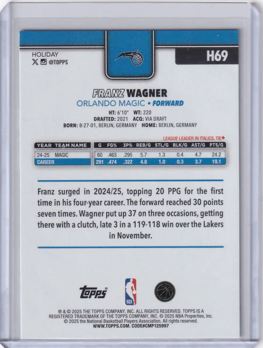 2025-26 Topps Basketball Plaid #H69 Franz Wagner - Orlando Magic - Basketball Card Single