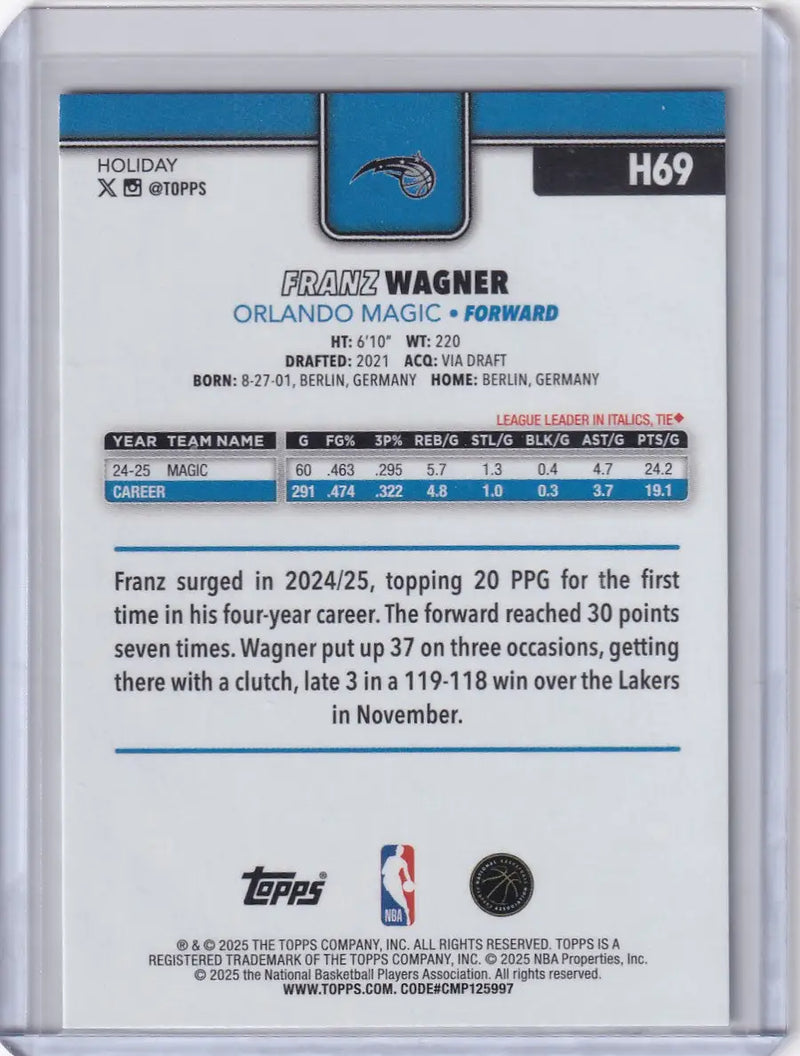 2025-26 Topps Basketball Plaid #H69 Franz Wagner - Orlando Magic - Basketball Card Single