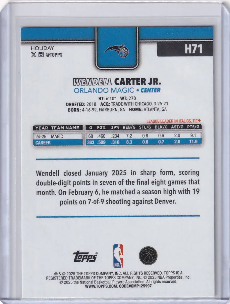 2025-26 Topps Basketball Plaid #H71 Wendell Carter Jr. - Orlando Magic - Basketball Card Single