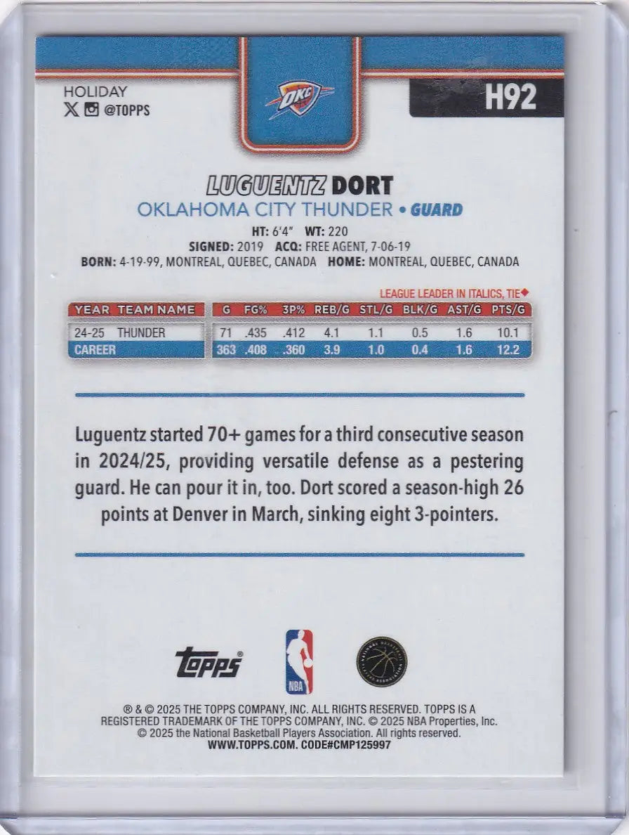 2025-26 Topps Basketball Plaid #H92 Luguentz Dort - Oklahoma City Thunder - Basketball Card Single
