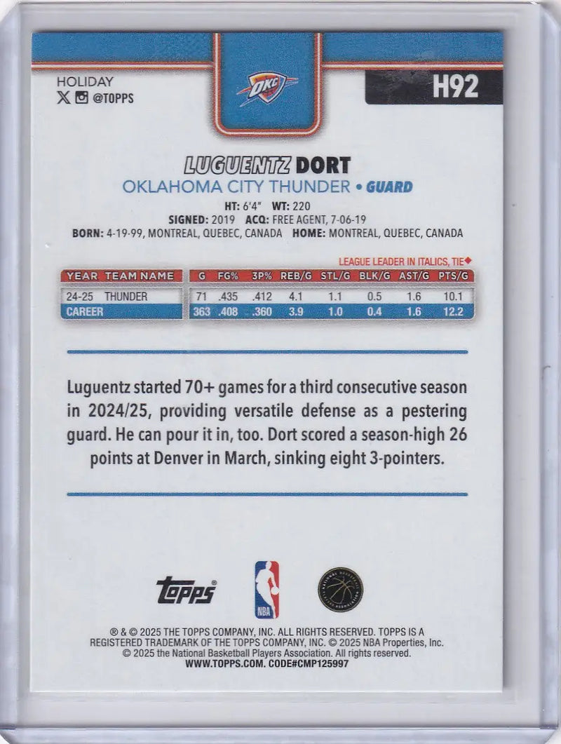 2025-26 Topps Basketball Plaid #H92 Luguentz Dort - Oklahoma City Thunder - Basketball Card Single
