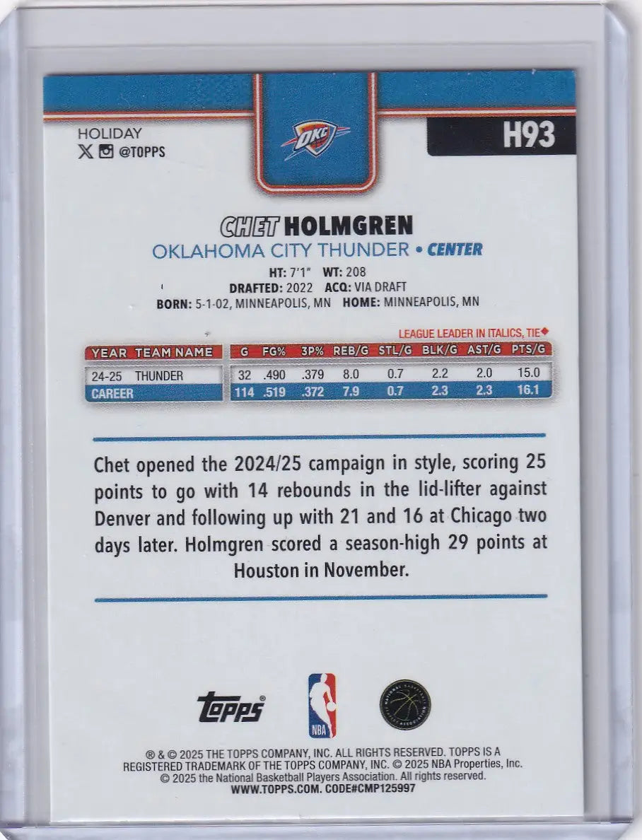 2025-26 Topps Basketball Plaid #H93 Chet Holmgren - Oklahoma City Thunder - Basketball Card Single