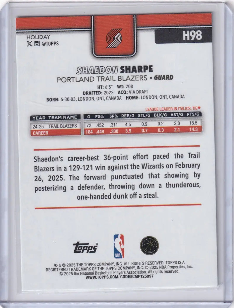2025-26 Topps Basketball Plaid #H98 Shaedon Sharpe - Portland Trail Blazers - Basketball Card Single