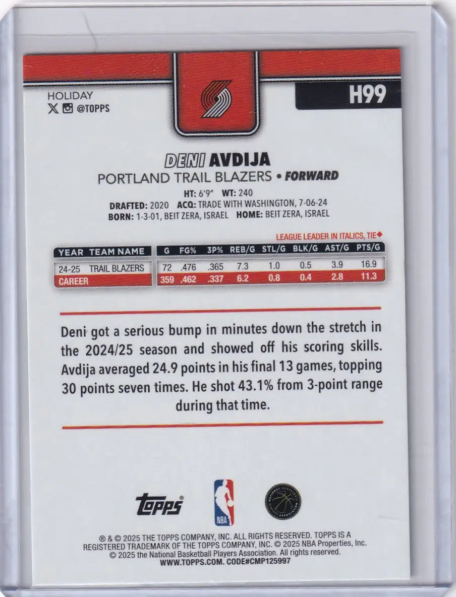 2025-26 Topps Basketball Plaid #H99 Deni Avdija - Portland Trail Blazers - Basketball Card Single