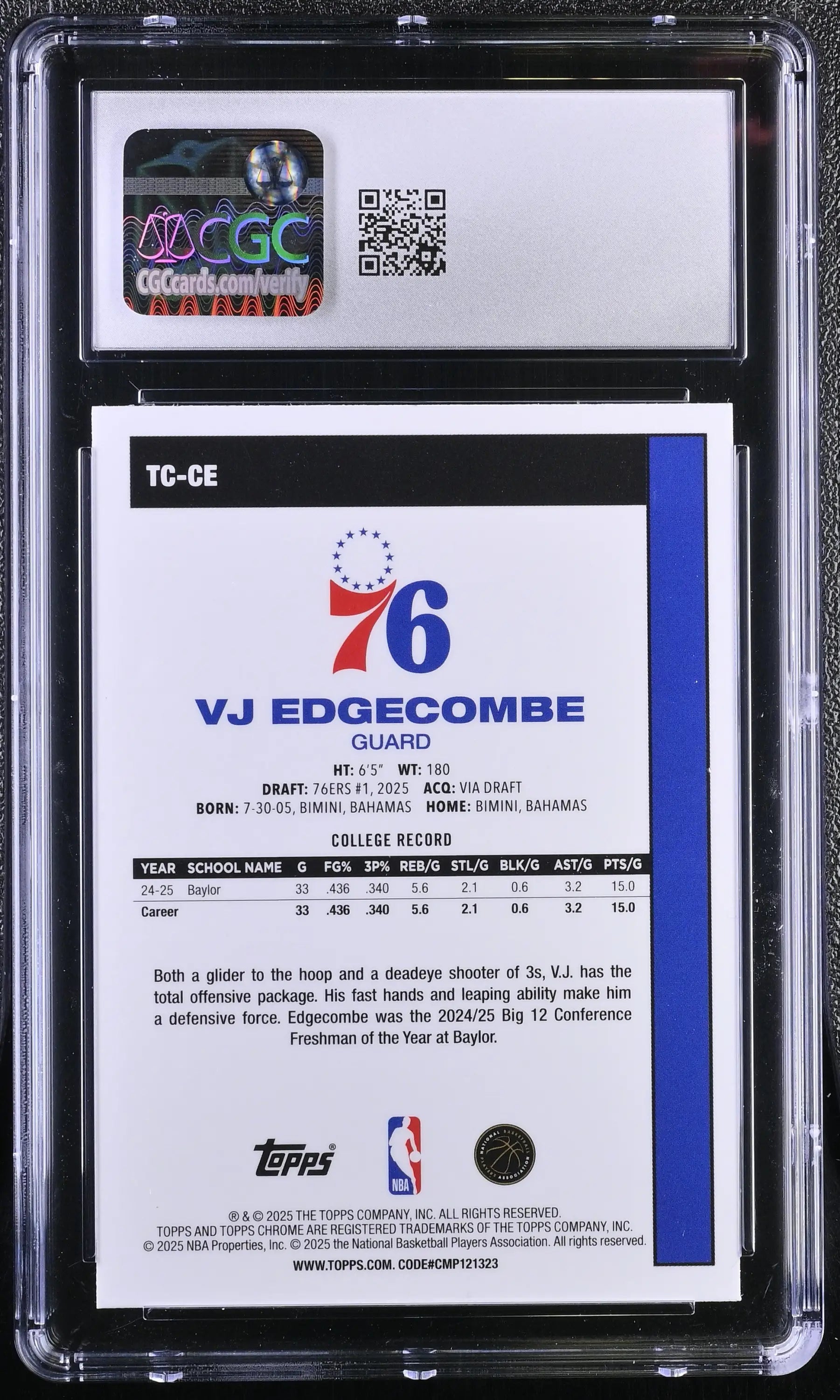 2025-26 Topps Basketball #TC-CE VJ Edgecombe Silver Pack CGC 9 Mint Chrome RC #24 - Basketball Card Single