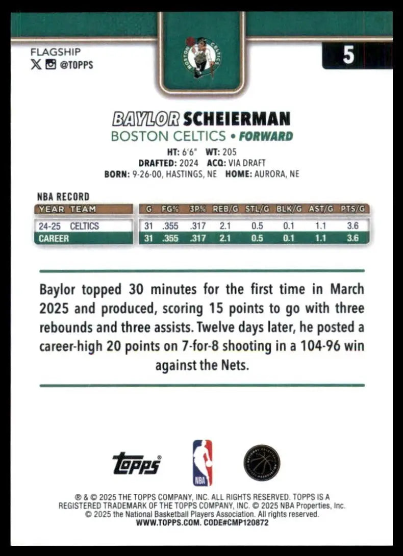 2025-26 Topps Baylor Scheierman #5 Boston Celtics Basketball Card NBA Sports - Basketball Card Single