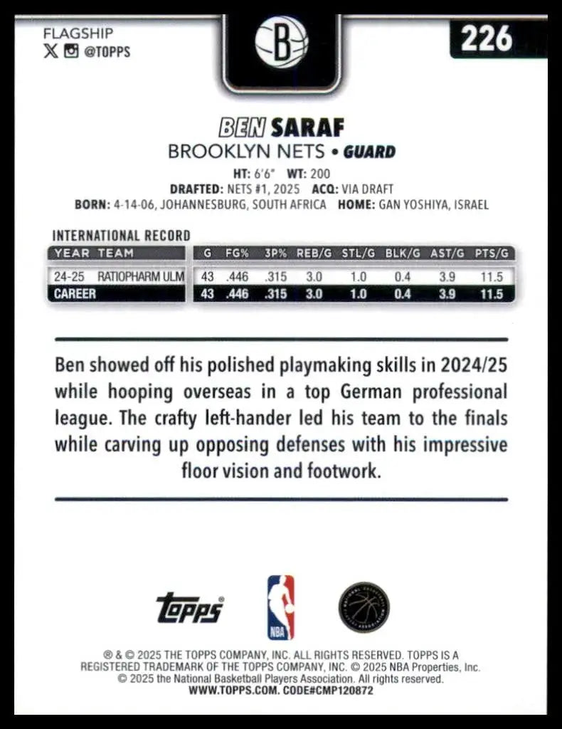 2025-26 Topps Ben Saraf Rookie #226 Brooklyn Nets Basketball Card NBA Sports - Basketball Card Single