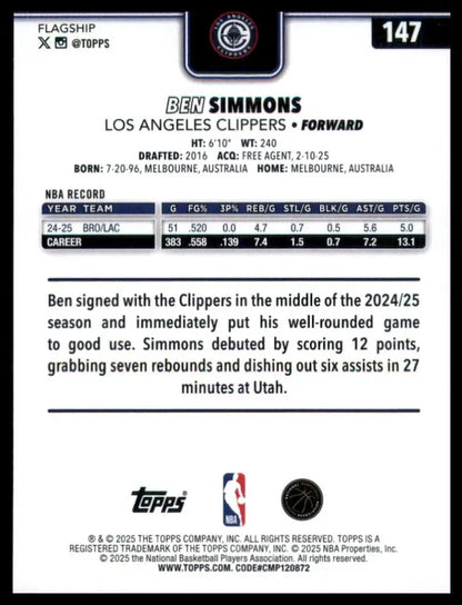 2025-26 Topps Ben Simmons #147 Los Angeles Clippers Basketball Card NBA Sports - Basketball Card