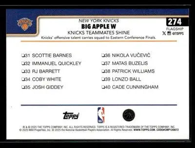 2025-26 Topps Big Apple W: Knicks Teammates Shine #274 Crackleboard Knicks
