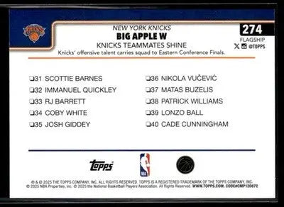 2025-26 Topps Big Apple W: Knicks Teammates Shine #274 New York Knicks