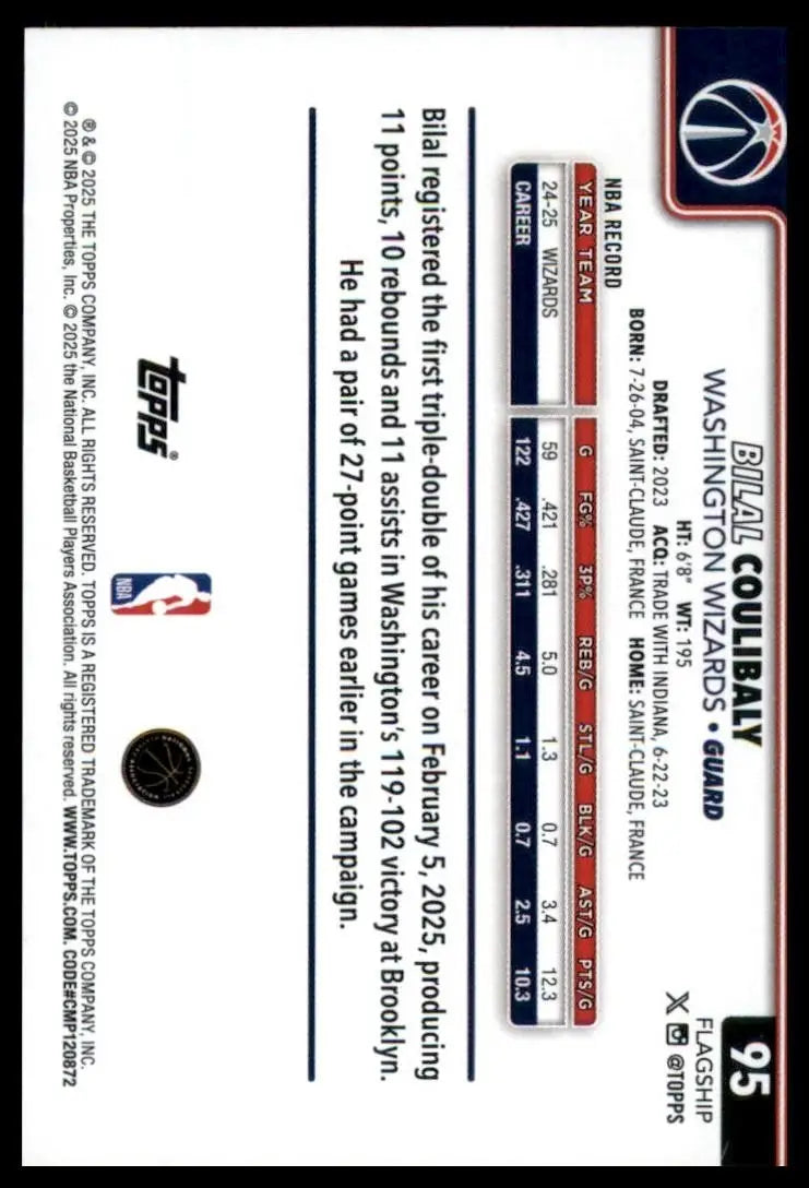 2025-26 Topps Bilal Coulibaly #95 Washington Wizards Basketball Card NBA Sports