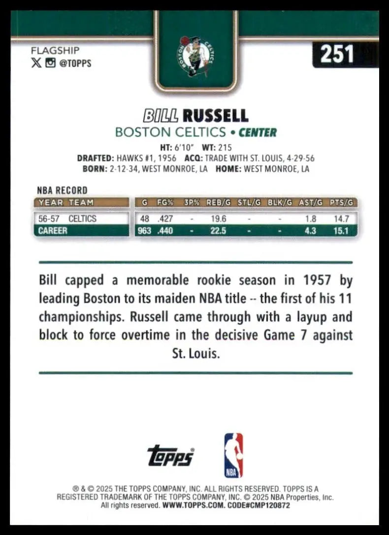 2025-26 Topps Bill Russell #251 Boston Celtics Basketball Card NBA Sports - Basketball Card Single