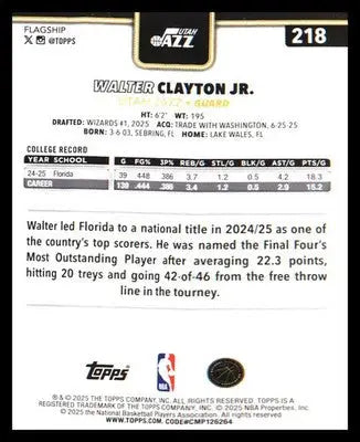 2025-26 Topps Black Friday Blackout RC Parallel Walter Clayton Jr #218 Utah Jazz
