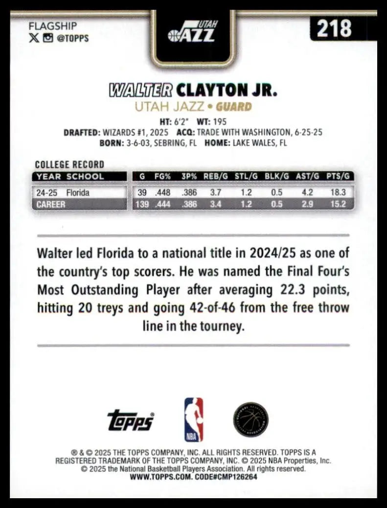 2025-26 Topps Blackout Walter Clayton Jr Rookie #218 Utah Jazz Basketball Card