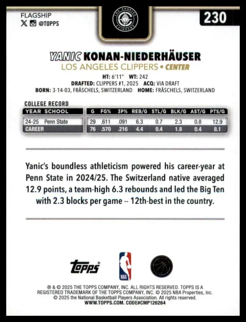 2025-26 Topps Blackout Yanic Konan Niederhauser Rookie #230 Los Angeles Clippers - Basketball Card Single
