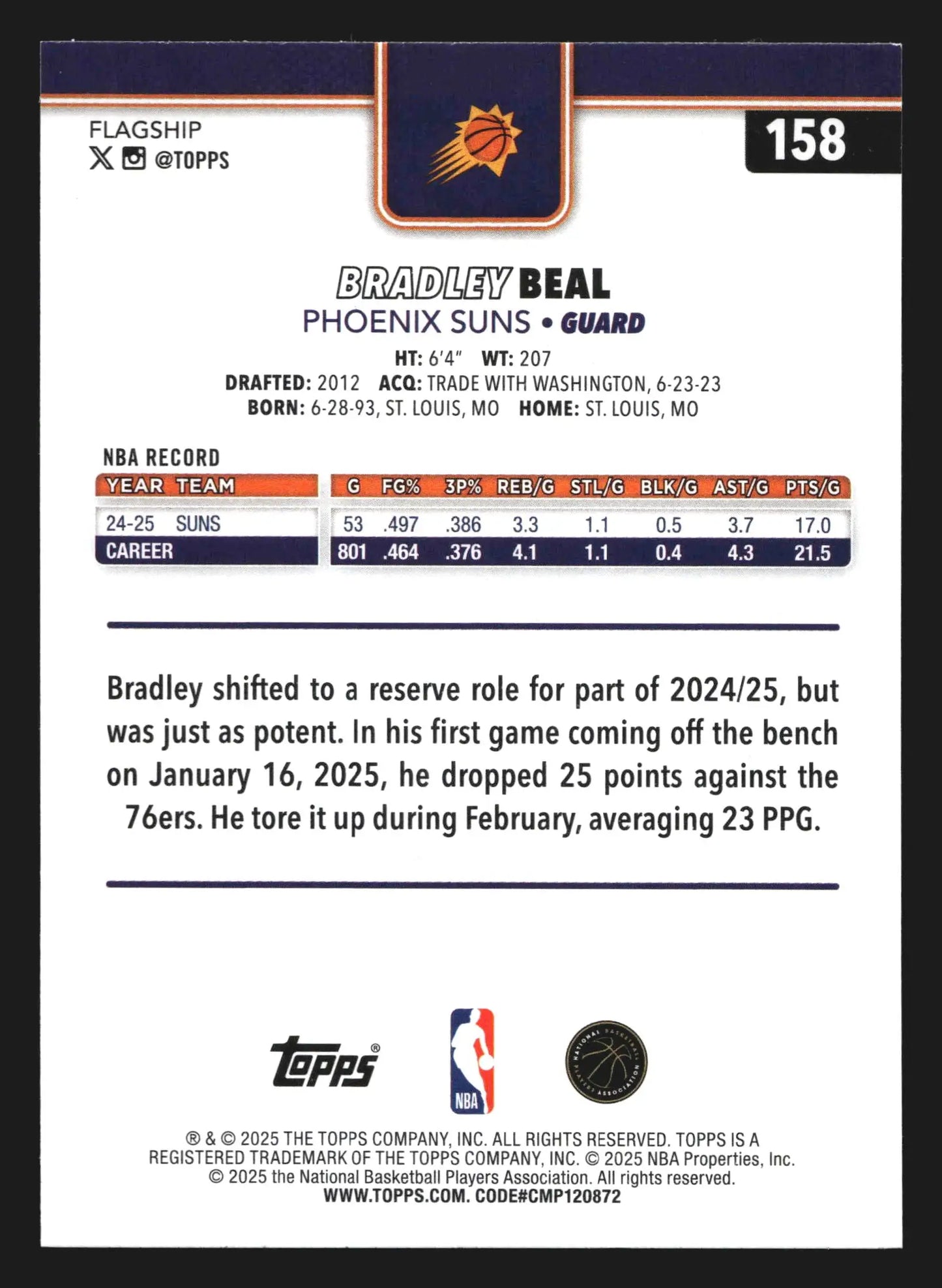 2025-26 Topps Bradley Beal #158 Phoenix Suns - Basketball Card Single