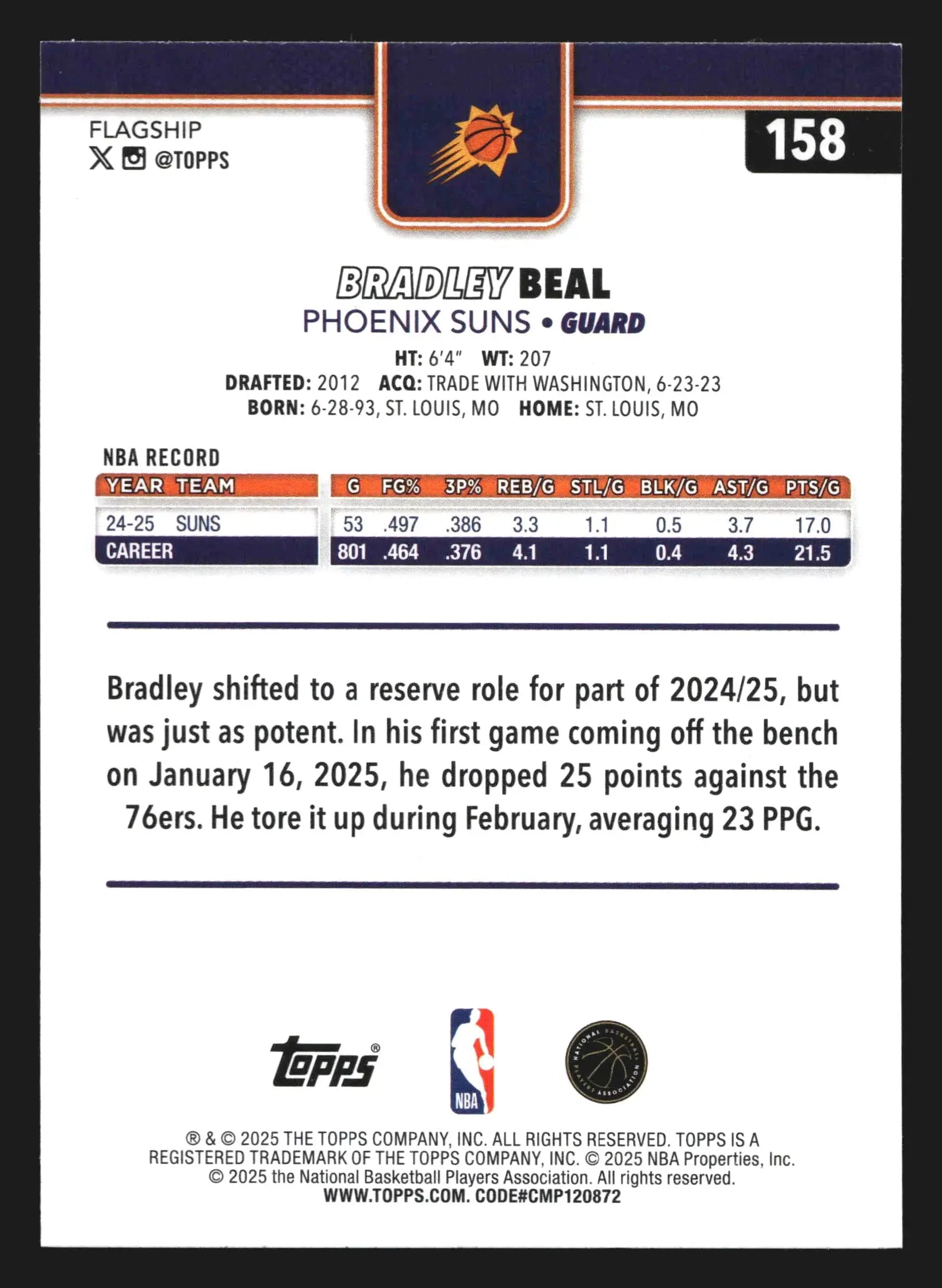 2025-26 Topps Bradley Beal #158 Phoenix Suns - Basketball Card Single