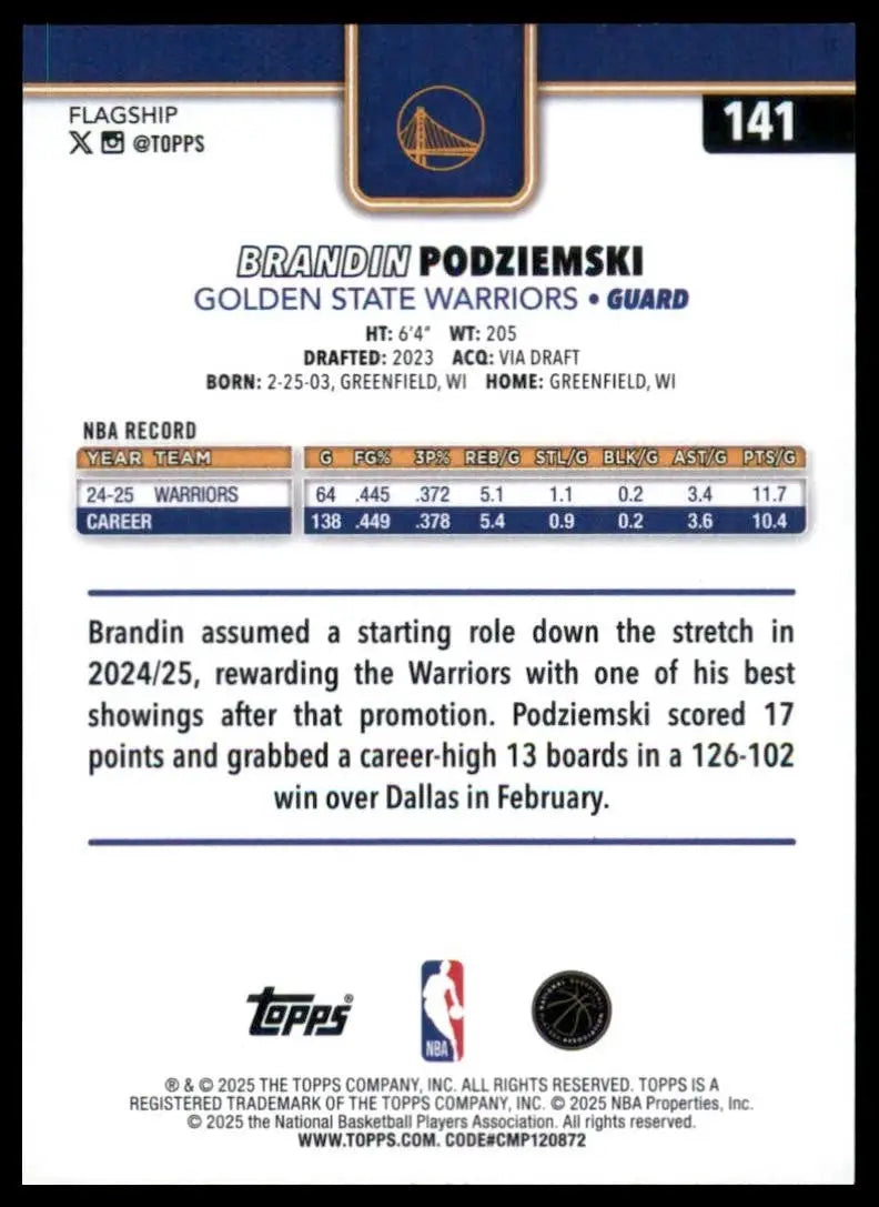 2025-26 Topps Brandin Podziemski #141 Golden State Warriors Basketball Card NBA - Basketball Card Single