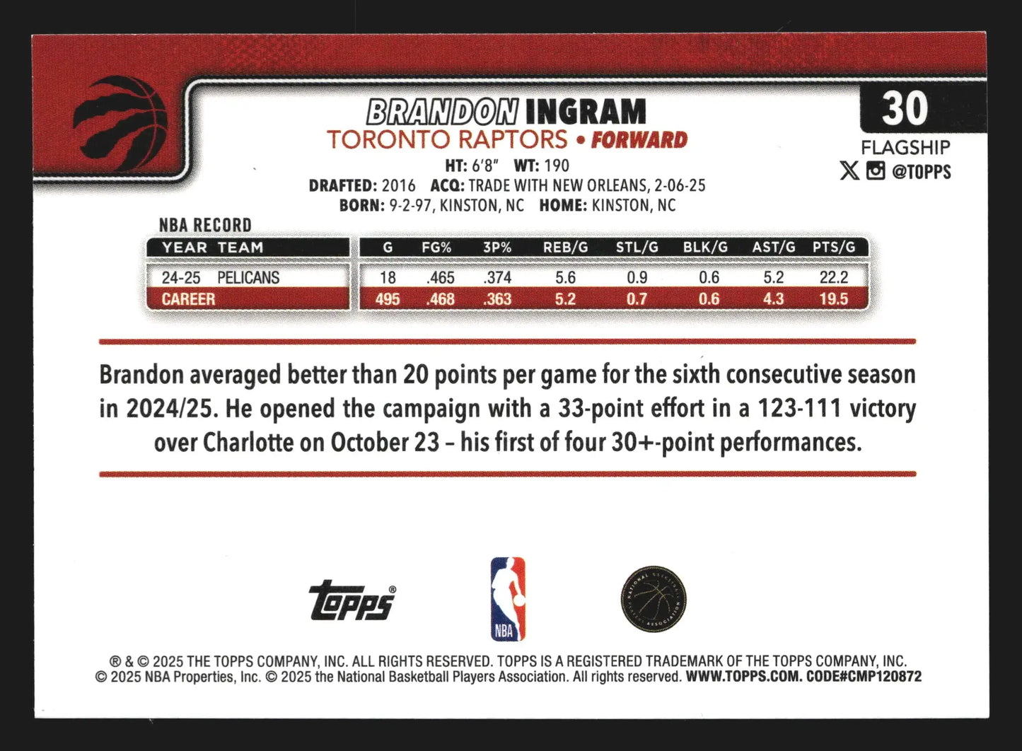 2025-26 Topps Brandon Ingram #30 Toronto Raptors - Basketball Card Single