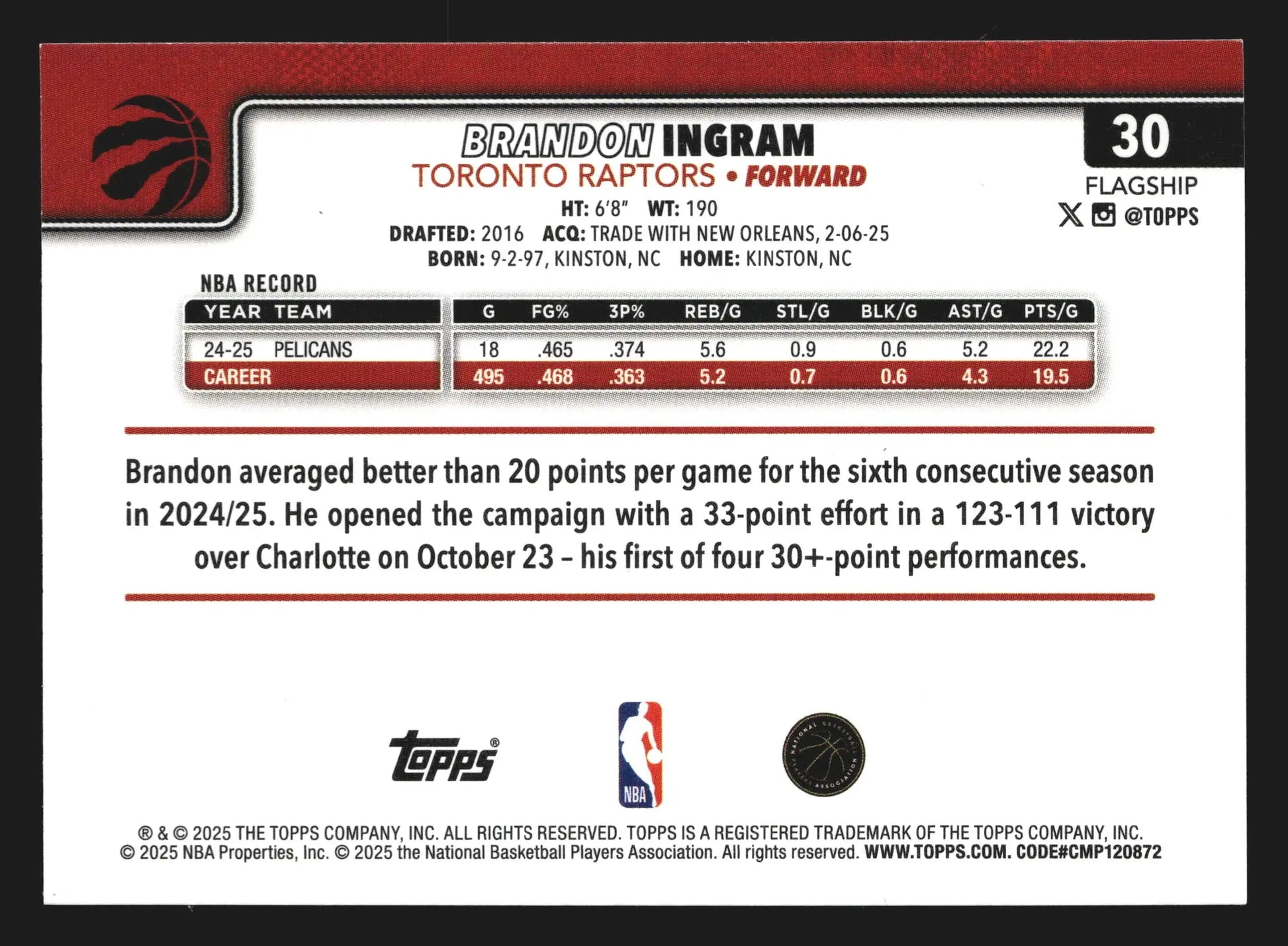 2025-26 Topps Brandon Ingram #30 Toronto Raptors - Basketball Card Single