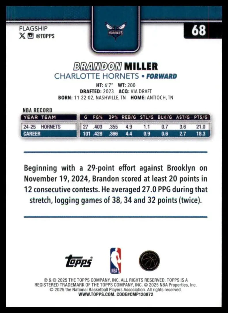2025-26 Topps Brandon Miller #68 Charlotte Hornets Basketball Card NBA Sports - Basketball Card Single