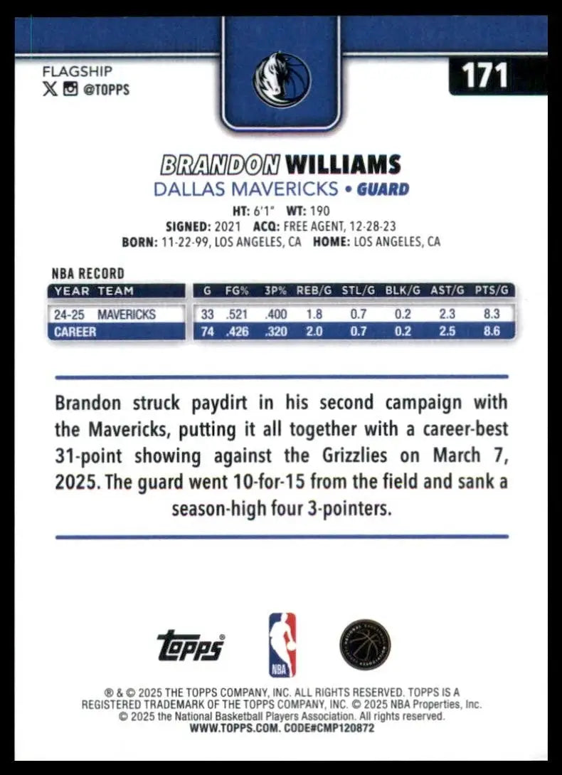 2025-26 Topps Brandon Williams #171 Dallas Mavericks Basketball Card NBA Sports - Trading Cards