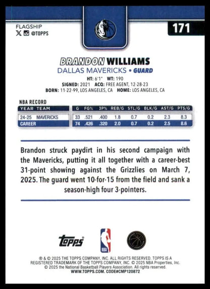 2025-26 Topps Brandon Williams #171 Dallas Mavericks Basketball Card NBA Sports - Trading Cards