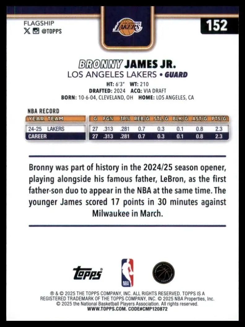 2025-26 Topps Bronny James Jr #152 Los Angeles Lakers Basketball Card NBA Sports
