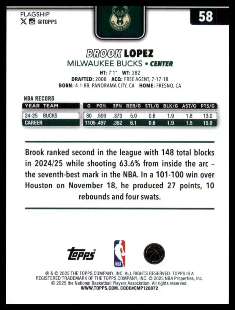2025-26 Topps Brook Lopez #58 Milwaukee Bucks Basketball Card NBA Sports - Basketball Card Single