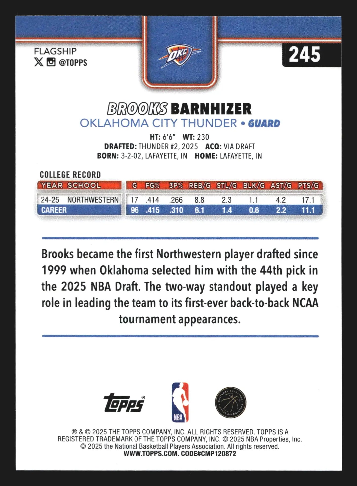 2025-26 Topps Brooks Barnhizer #245 Oklahoma City Thunder RC - Basketball Card Single