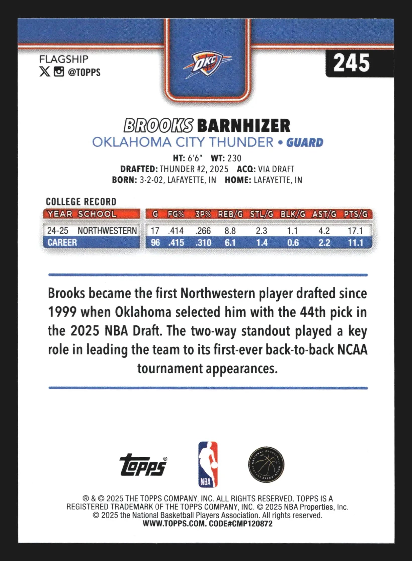 2025-26 Topps Brooks Barnhizer #245 Oklahoma City Thunder RC - Basketball Card Single
