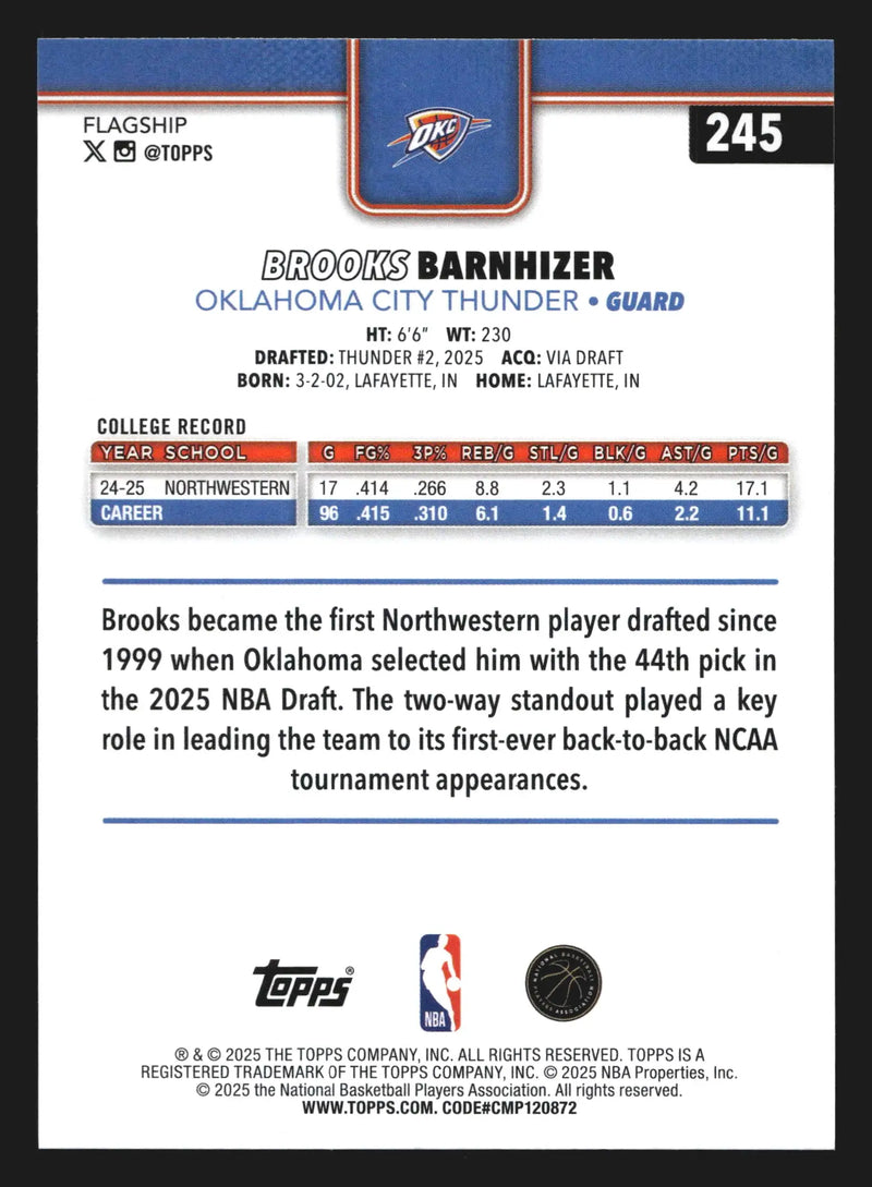 2025-26 Topps Brooks Barnhizer #245 Oklahoma City Thunder RC - Basketball Card Single