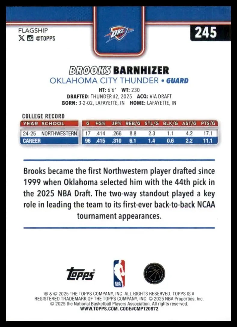 2025-26 Topps Brooks Barnhizer Rookie #245 Oklahoma City Thunder Basketball Card - Basketball Card Single