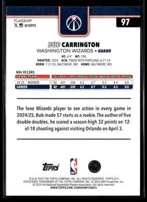 2025-26 Topps Bub Carrington #97 Washington Wizards