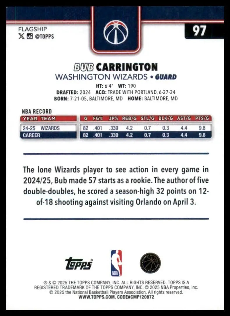 2025-26 Topps Bub Carrington #97 Washington Wizards Basketball Card NBA Sports - Basketball Card Single