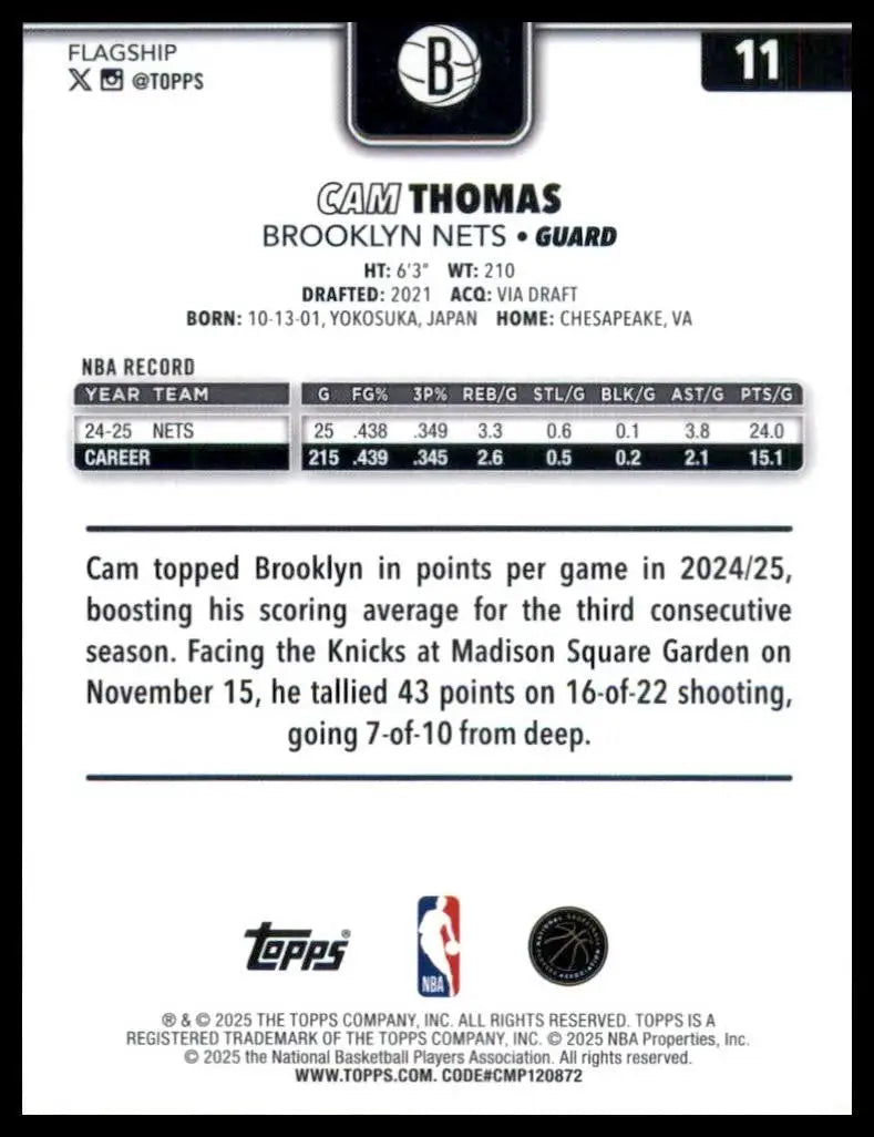 2025-26 Topps Cam Thomas #11 Brooklyn Nets Basketball Card NBA Sports - Basketball Card Single