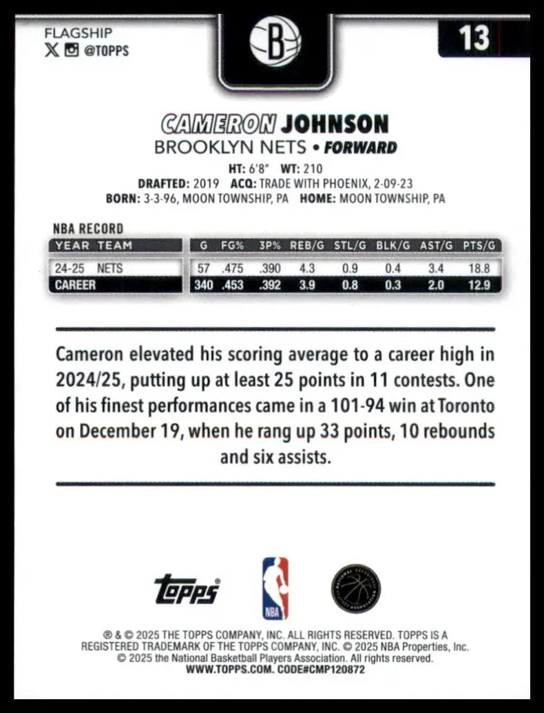 2025-26 Topps Cameron Johnson #13 Brooklyn Nets Basketball Card NBA Sports