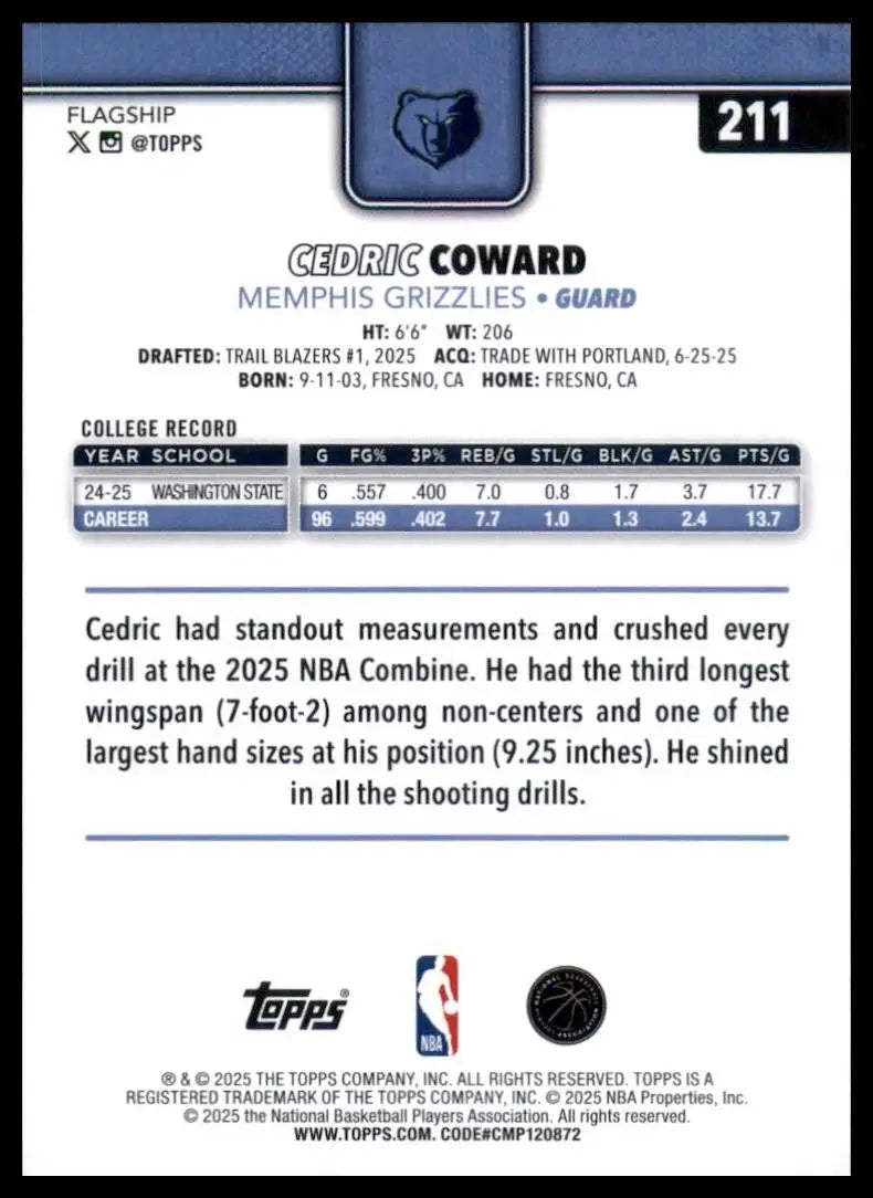 2025-26 Topps Cedric Coward Rookie #211 Memphis Grizzlies Basketball Card NBA - Basketball Card Single